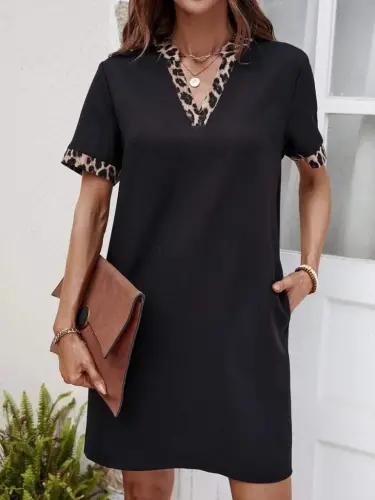 Women's Short Sleeve V-Neck Leopard Print Detailed Modal Dress - 5