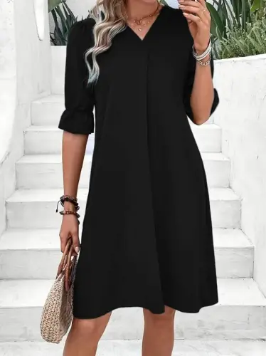 Women's Short Sleeve V Neck Loose Crinkle Crepe Dress - BÜYÜKBEDENIZ (1)