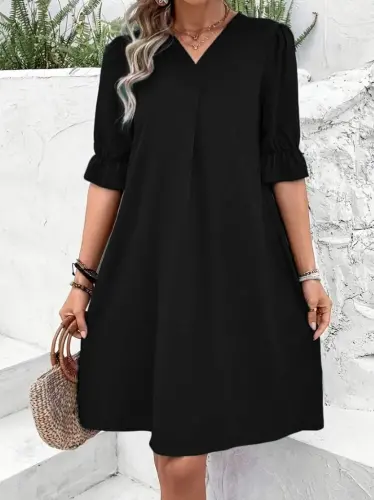 Women's Short Sleeve V Neck Loose Crinkle Crepe Dress - 3