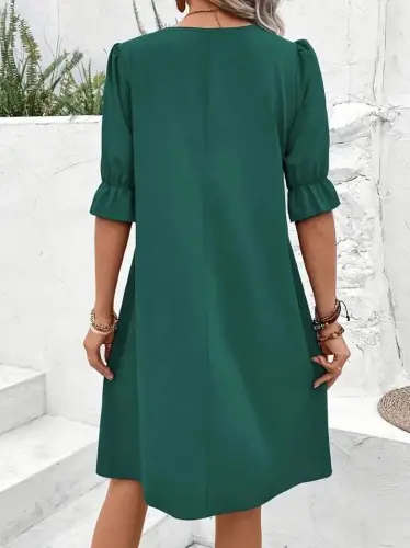 Women's Short Sleeve V Neck Loose Crinkle Crepe Dress - 3