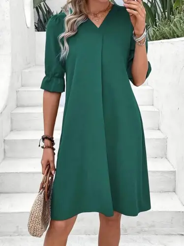 Women's Short Sleeve V Neck Loose Crinkle Crepe Dress - 4