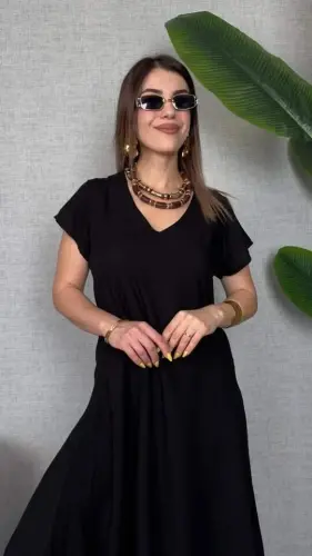 Women's Short Sleeve V Neck Loose Fit Maxi Dress - 2