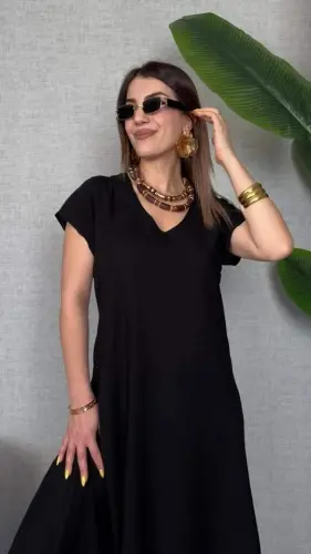 Women's Short Sleeve V Neck Loose Fit Maxi Dress - 4