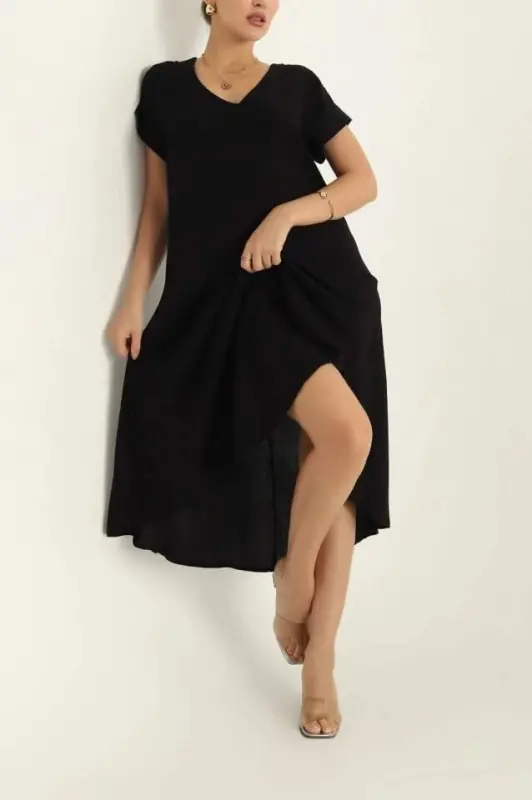 Women's Short Sleeve V Neck Loose Fit Maxi Dress - 6