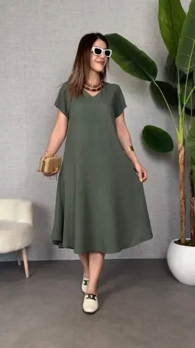 Women's Short Sleeve V Neck Loose Fit Maxi Dress - 1