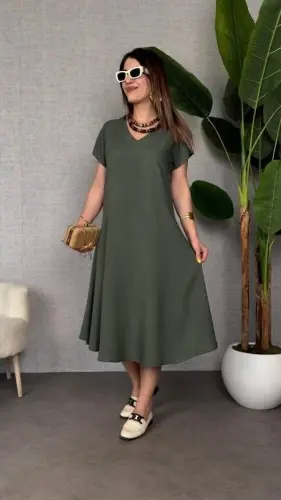 Women's Short Sleeve V Neck Loose Fit Maxi Dress - BÜYÜKBEDENIZ (1)
