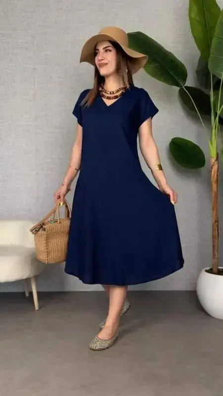 Women's Short Sleeve V Neck Loose Maxi Dress - 1