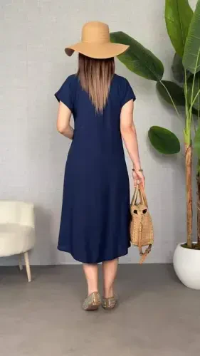 Women's Short Sleeve V Neck Loose Maxi Dress - BÜYÜKBEDENIZ (1)