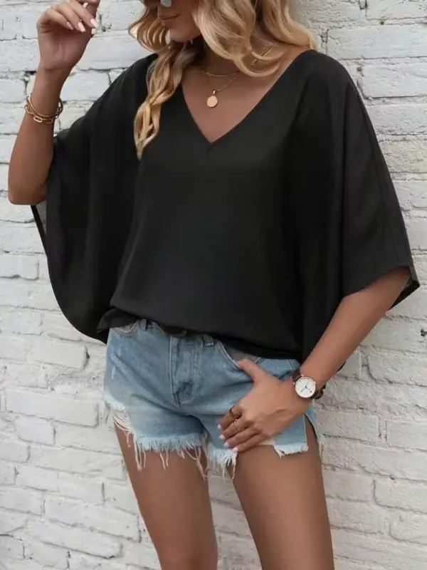 Women's Short Sleeve V-Neck Loose Viscose Blouse - BÜYÜKBEDENIZ