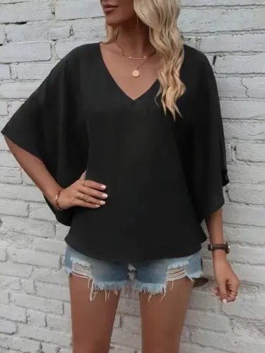 Women's Short Sleeve V-Neck Loose Viscose Blouse - BÜYÜKBEDENIZ (1)