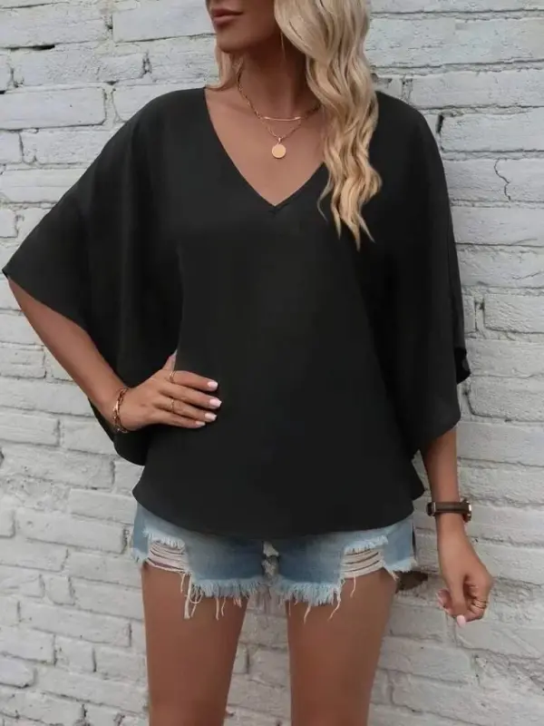 Women's Short Sleeve V-Neck Loose Viscose Blouse - 2