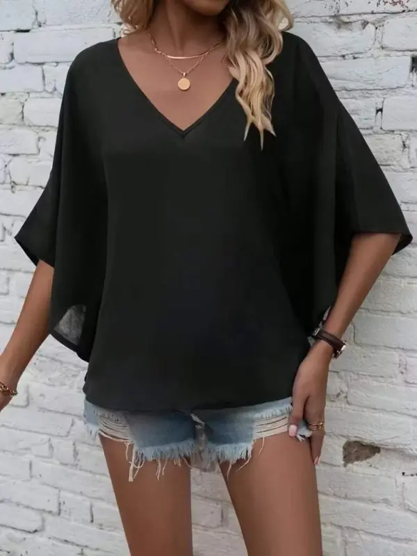 Women's Short Sleeve V-Neck Loose Viscose Blouse - 4