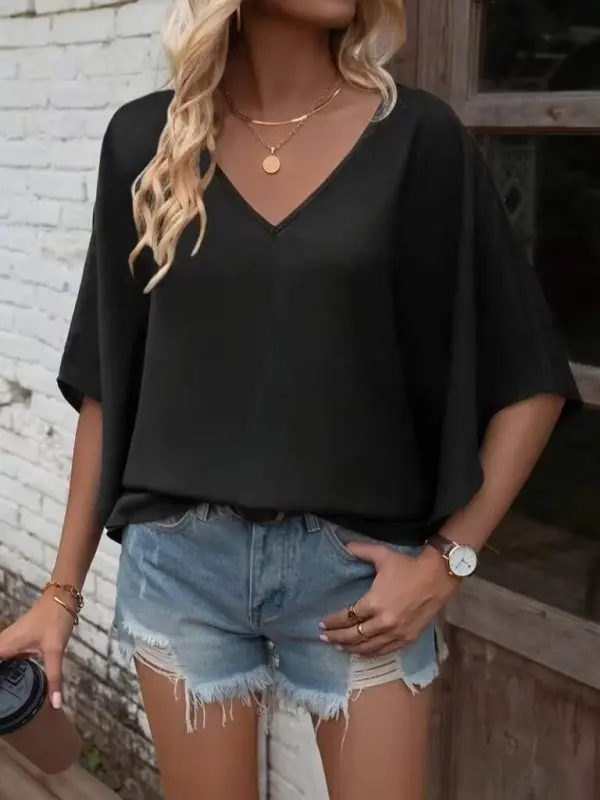 Women's Short Sleeve V-Neck Loose Viscose Blouse - 5