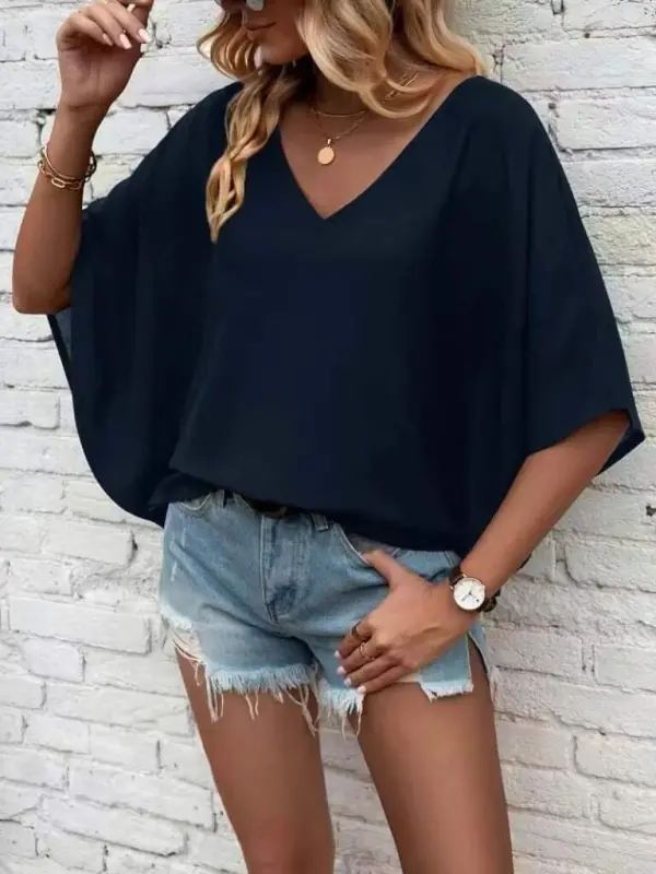 Women's Short Sleeve V-Neck Loose Viscose Blouse - 1