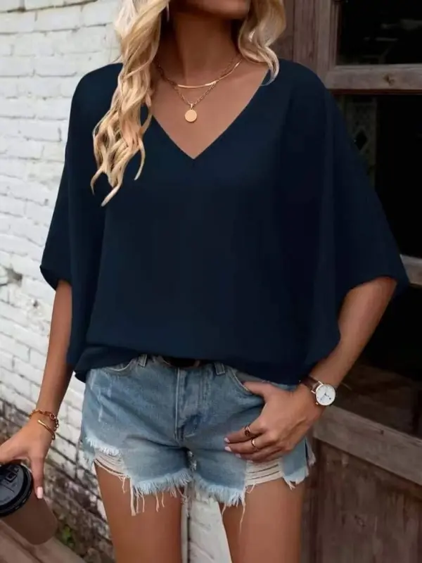Women's Short Sleeve V-Neck Loose Viscose Blouse - 3
