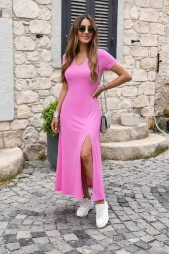 Women's Short Sleeve V-Neck Maxi Viscose Dress - BÜYÜKBEDENIZ (1)