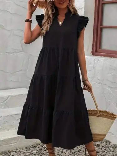 Women's Short Sleeve V-Neck Oversized Long Knitted Dress - 3