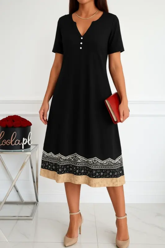 Women's Short Sleeve V-Neck Patterned Hem Viscose Dress - BÜYÜKBEDENIZ