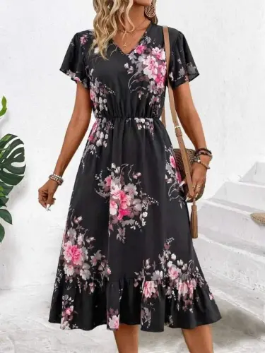 Women's Short Sleeve V-Neck Patterned Midi Interlock Dress - 3