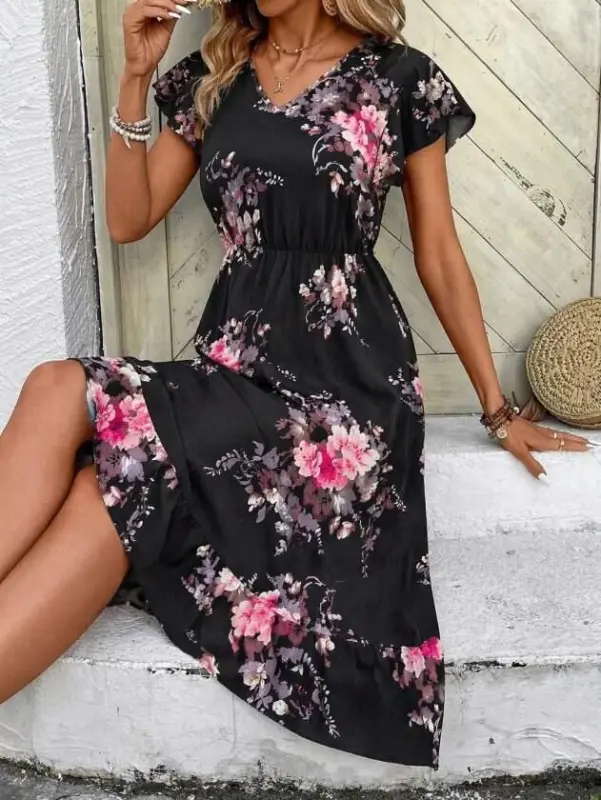 Women's Short Sleeve V-Neck Patterned Midi Interlock Dress - 5
