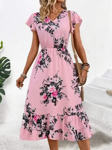 Women's Short Sleeve V-Neck Patterned Midi Jersey Dress - 3