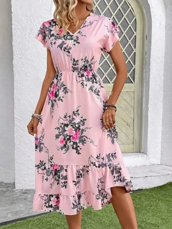 Women's Short Sleeve V-Neck Patterned Midi Jersey Dress - 4