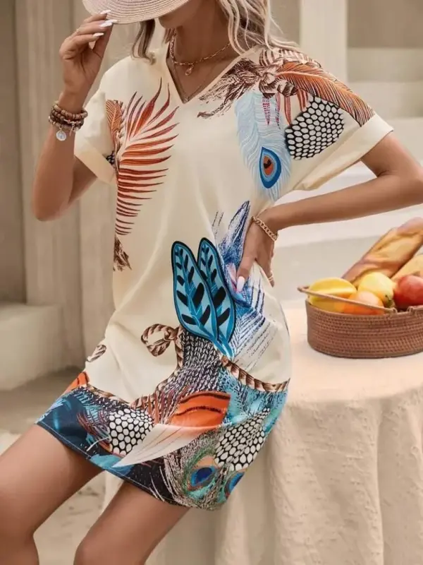 Women's Short Sleeve V-Neck Patterned Mini Atlas Dress - 2