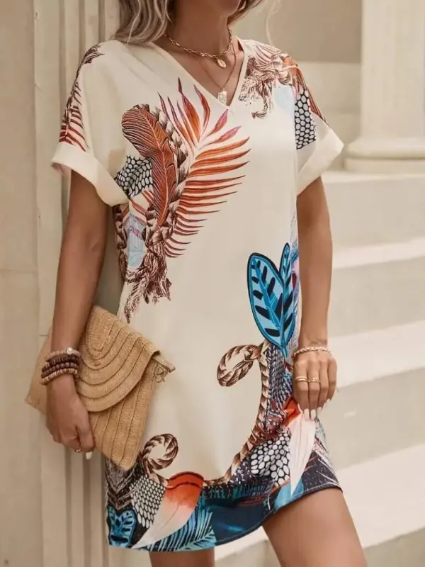 Women's Short Sleeve V-Neck Patterned Mini Atlas Dress - 3