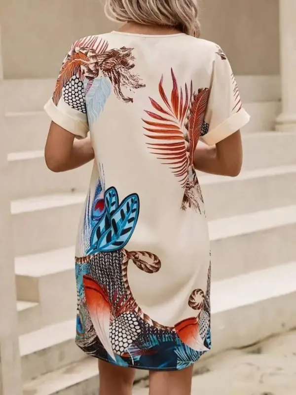 Women's Short Sleeve V-Neck Patterned Mini Atlas Dress - 5