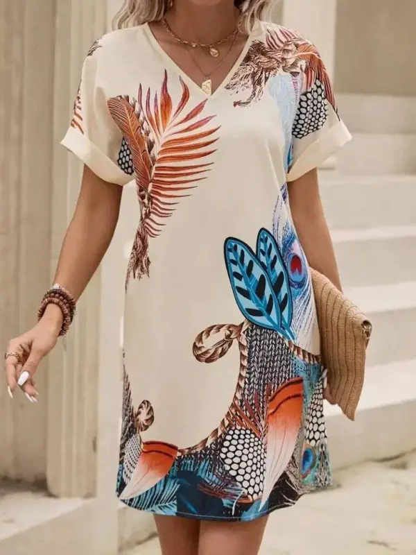 Women's Short Sleeve V-Neck Patterned Mini Atlas Dress - BÜYÜKBEDENIZ