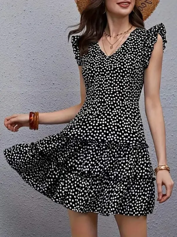 Women's Short Sleeve V-Neck Patterned Ruffled Süprem Dress - BÜYÜKBEDENIZ