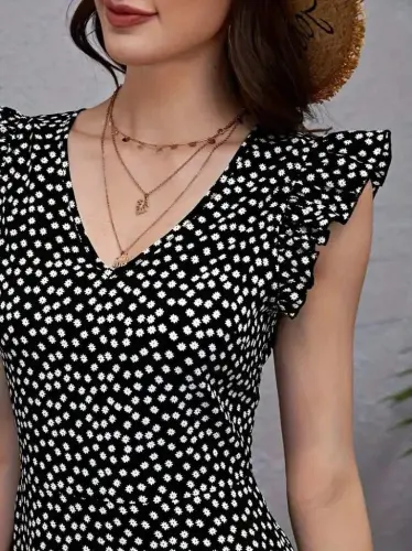 Women's Short Sleeve V-Neck Patterned Ruffled Süprem Dress - 3