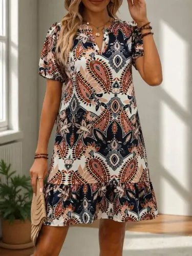 Women's Short Sleeve V-Neck Patterned Short Single Jersey Dress - 5