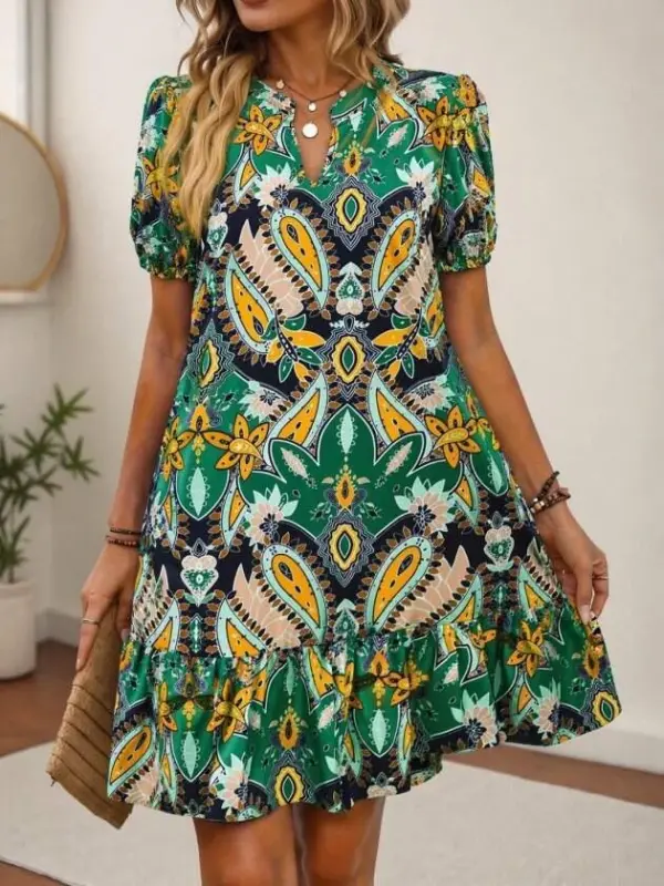 Women's Short Sleeve V-Neck Patterned Short Single Jersey Dress - 3