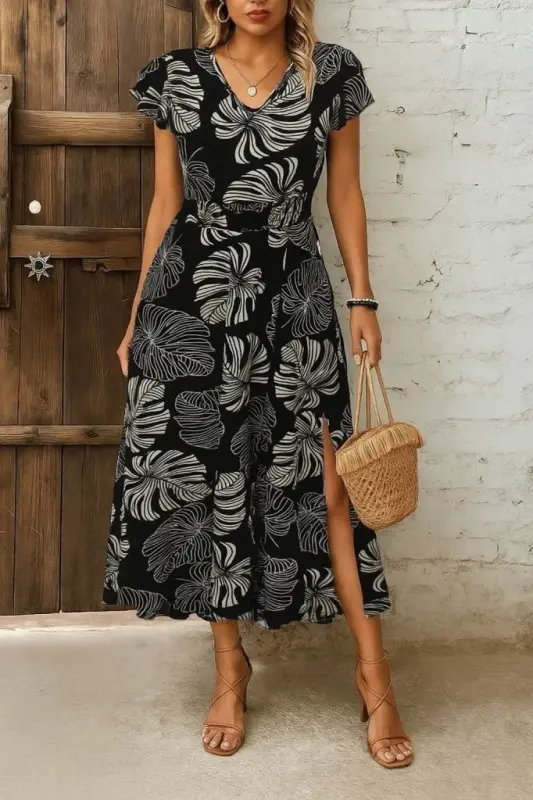 Women's Short Sleeve V-Neck Patterned Side Slit Interlock Dress - 2