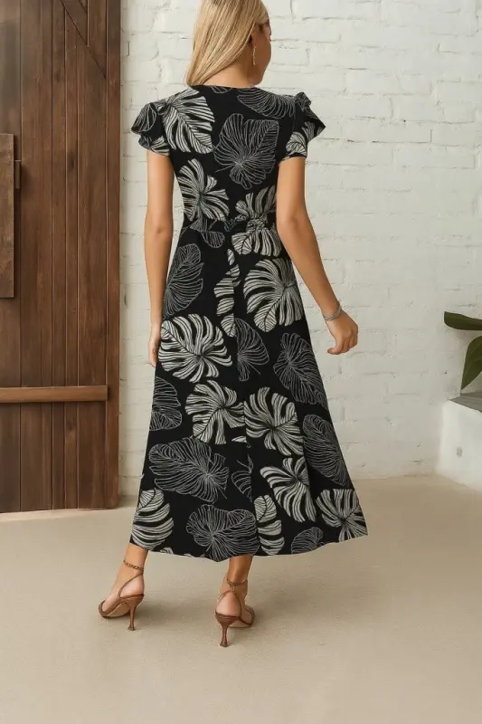 Women's Short Sleeve V-Neck Patterned Side Slit Interlock Dress - 3