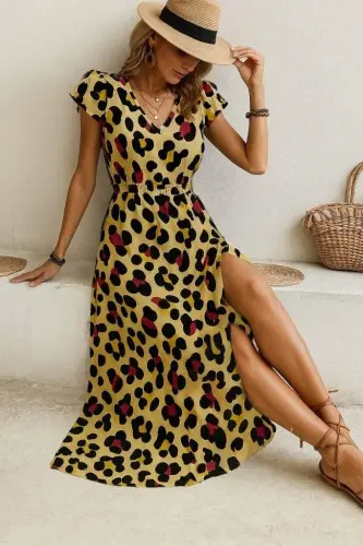 Women's Short Sleeve V-Neck Patterned Side Slit Interlock Dress - 1