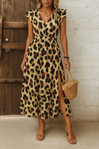 Women's Short Sleeve V-Neck Patterned Side Slit Interlock Dress - 2