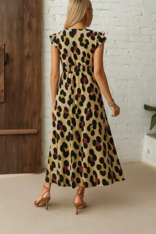 Women's Short Sleeve V-Neck Patterned Side Slit Interlock Dress - 3