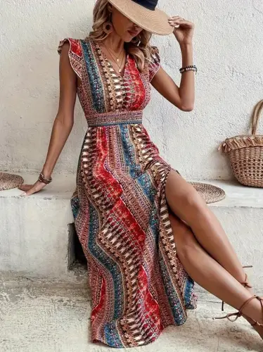 Women's Short Sleeve V-Neck Patterned Side Slit Interlock Dress - 1