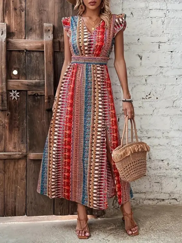 Women's Short Sleeve V-Neck Patterned Side Slit Interlock Dress - 3