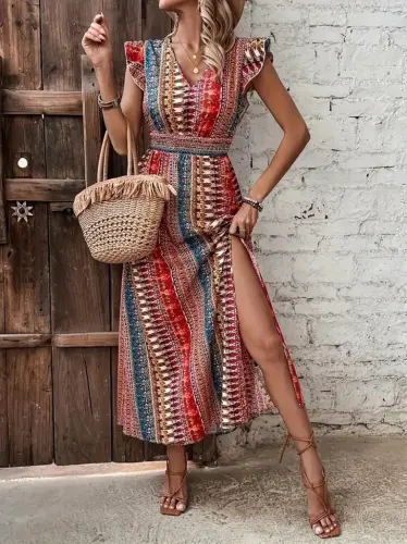 Women's Short Sleeve V-Neck Patterned Side Slit Interlock Dress - 5