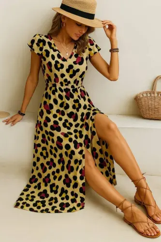 Women's Short Sleeve V-Neck Patterned Side Slit Supima Dress - 1