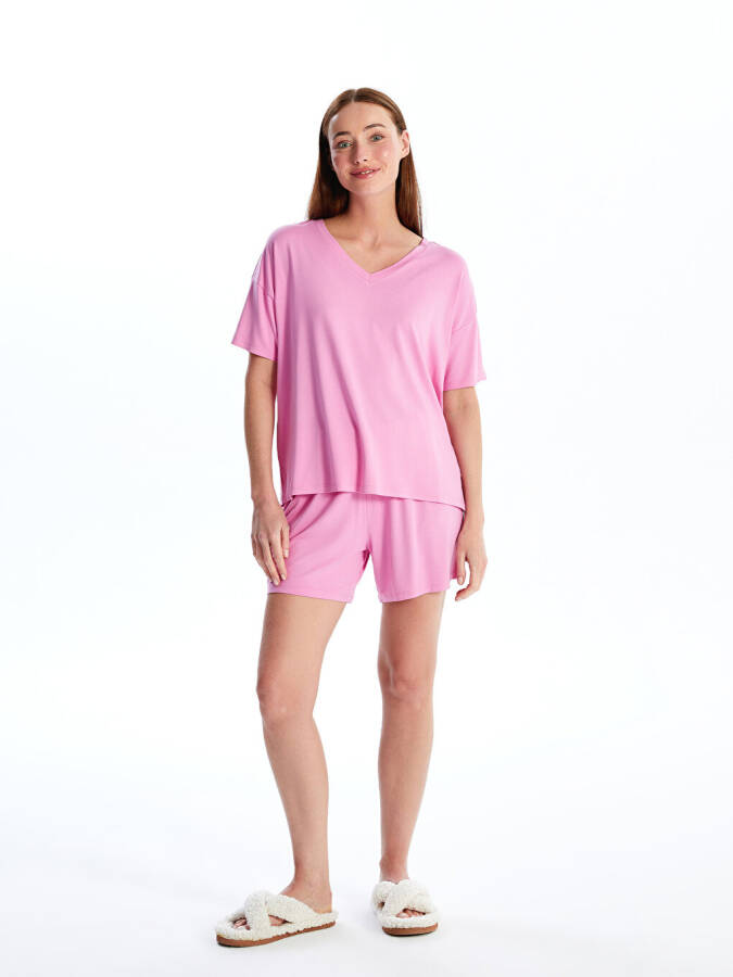 Women's Short Sleeve V-Neck Plain Short Pajama Set - 11