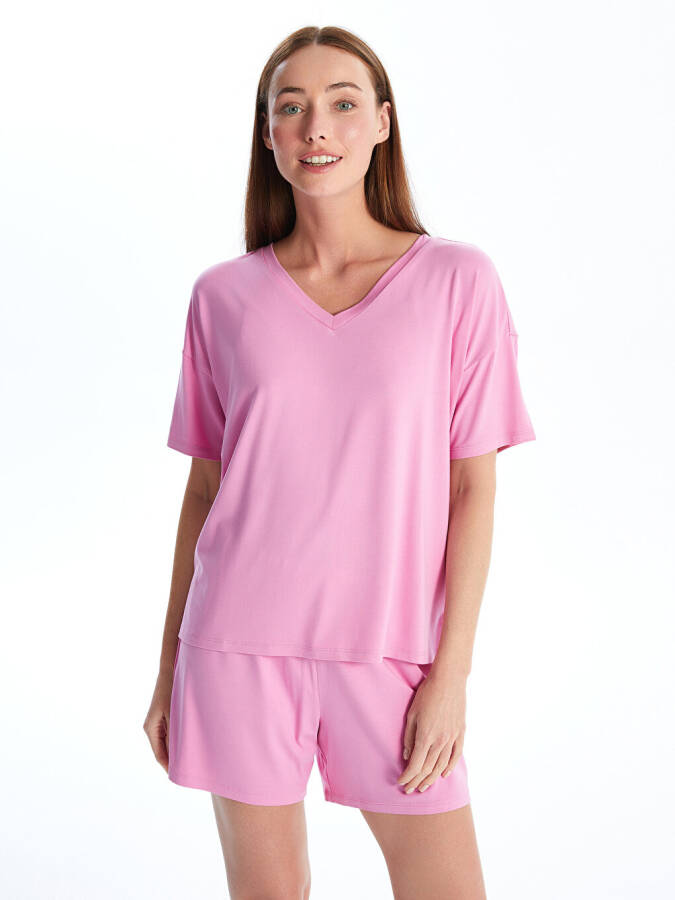 Women's Short Sleeve V-Neck Plain Short Pajama Set - 13