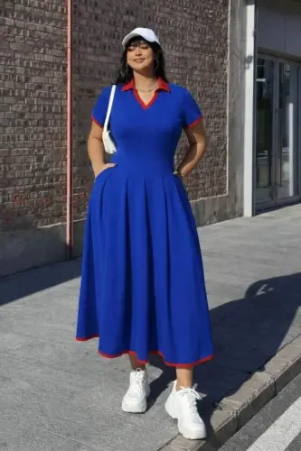 Women's Short Sleeve V-Neck Pleated Long Chiffon Dress - BÜYÜKBEDENIZ (1)