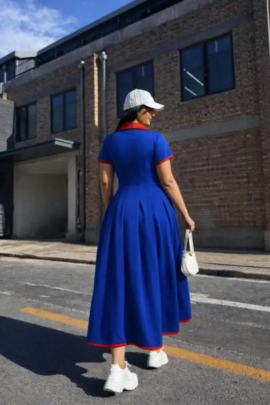 Women's Short Sleeve V-Neck Pleated Long Chiffon Dress - 3
