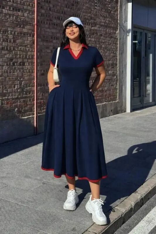 Women's Short Sleeve V-Neck Pleated Long Janjan Crepe Dress - 3