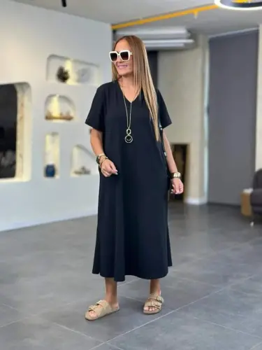 Women's Short Sleeve V-Neck Pocket Detailed Long Viscose Two Thread Dress - BÜYÜKBEDENIZ (1)