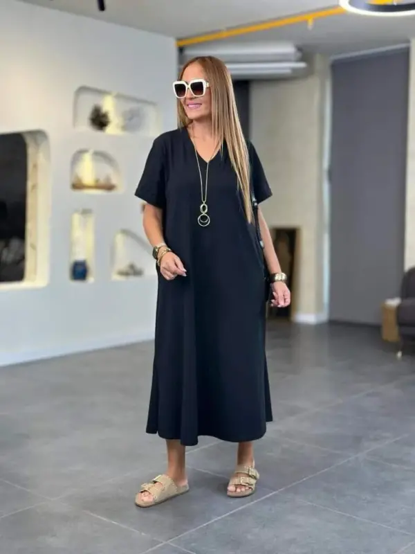 Women's Short Sleeve V-Neck Pocket Detailed Long Viscose Two Thread Dress - 2